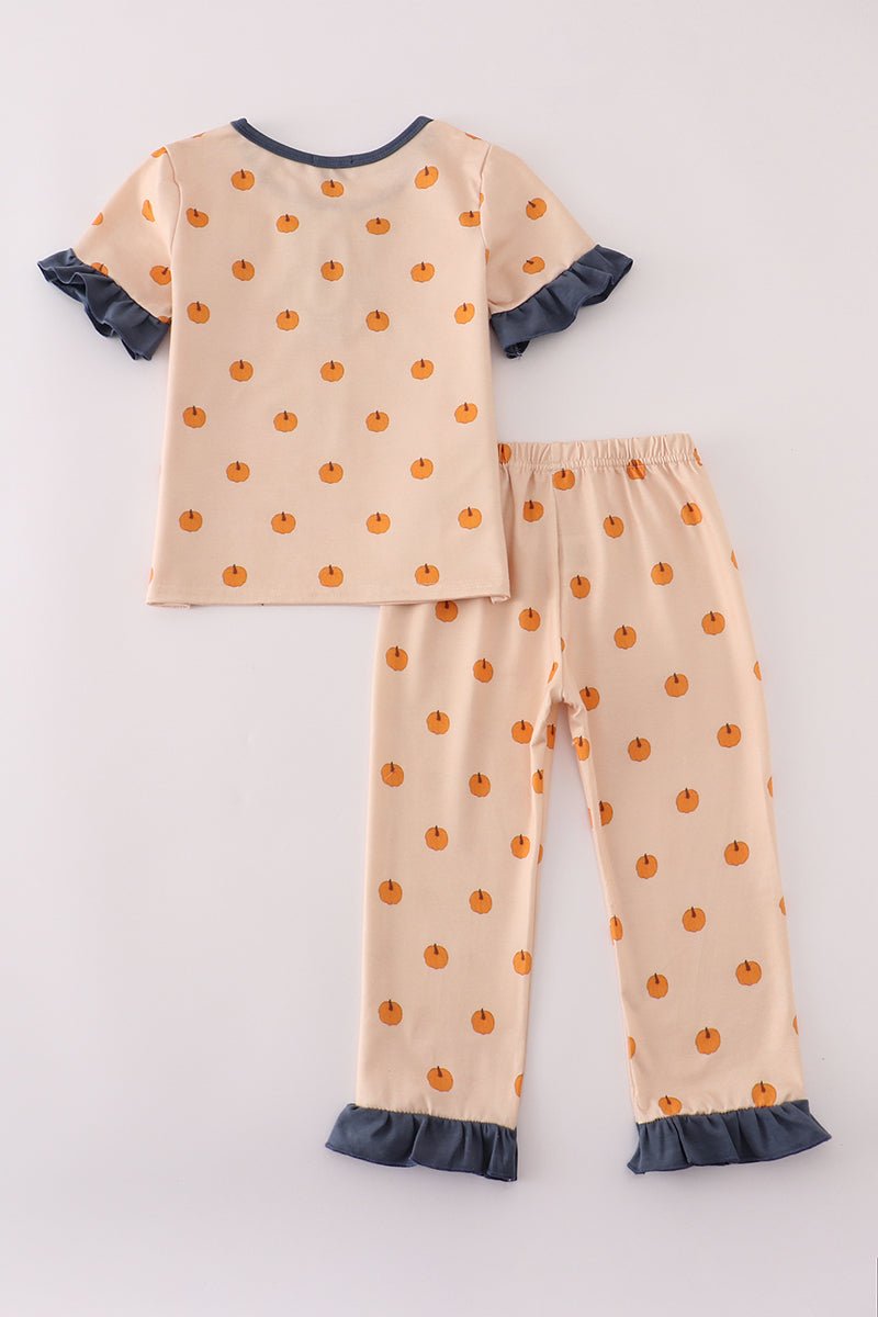 Pumpkin Polka Dot Ruffle Pajama Set for Girls - Blue Marc