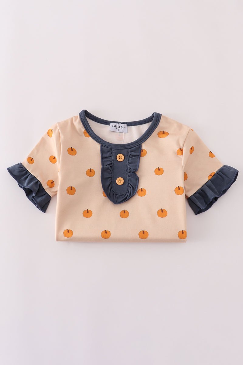 Pumpkin Polka Dot Ruffle Pajama Set for Girls - Blue Marc