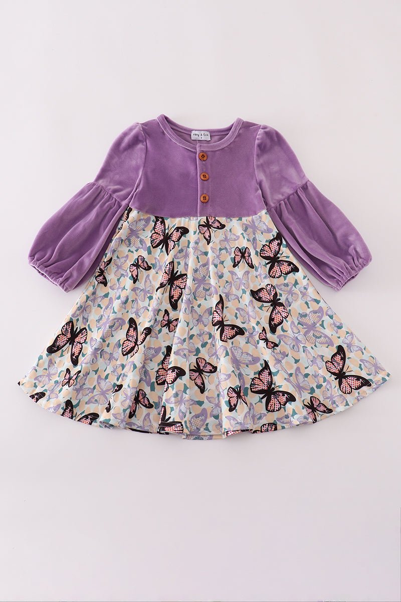 Purple Butterfly Long Sleeve Girls Dress | Blue Marc - Blue Marc