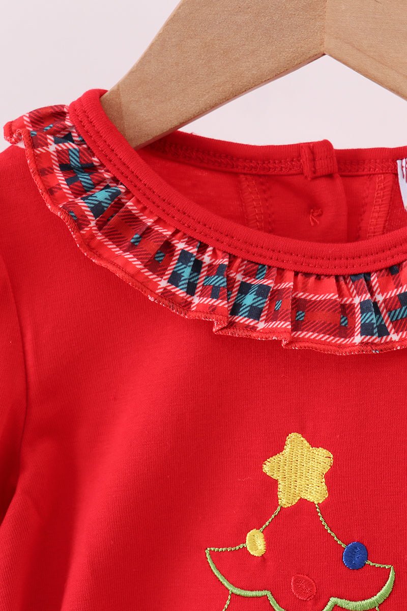 Red Christmas Tree Baby Romper with Plaid Ruffle Trim - Blue Marc