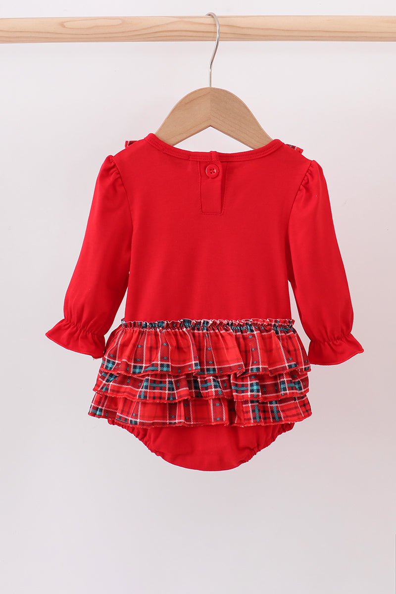 Red Christmas Tree Baby Romper with Plaid Ruffle Trim - Blue Marc