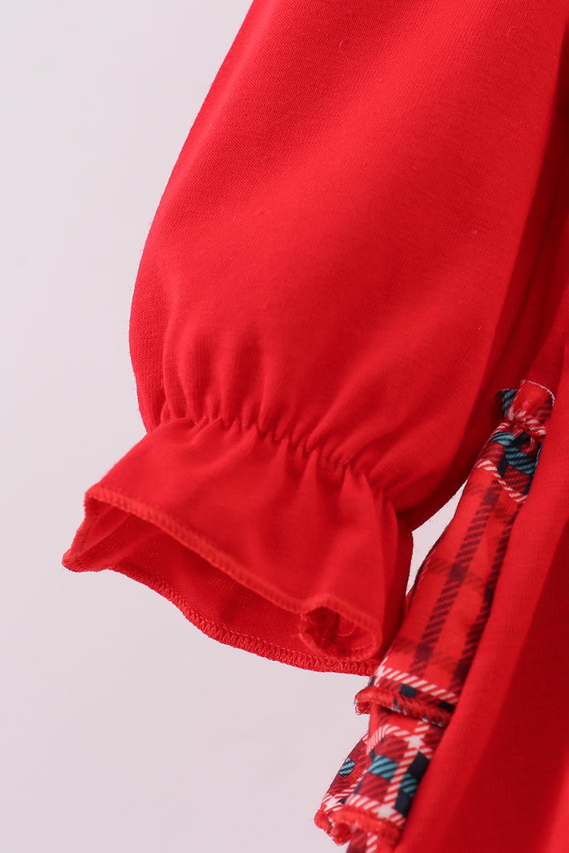 Red Christmas Tree Baby Romper with Plaid Ruffle Trim - Blue Marc