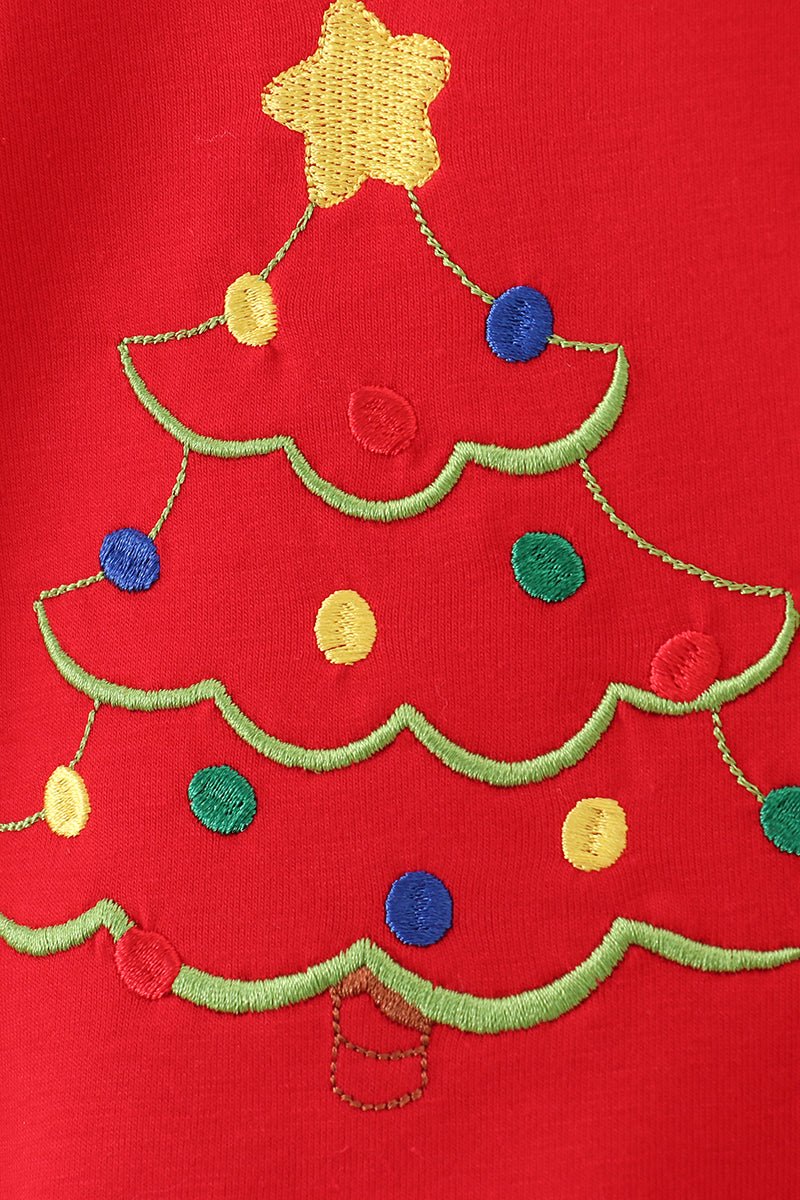 Red Christmas Tree Baby Romper with Plaid Ruffle Trim - Blue Marc