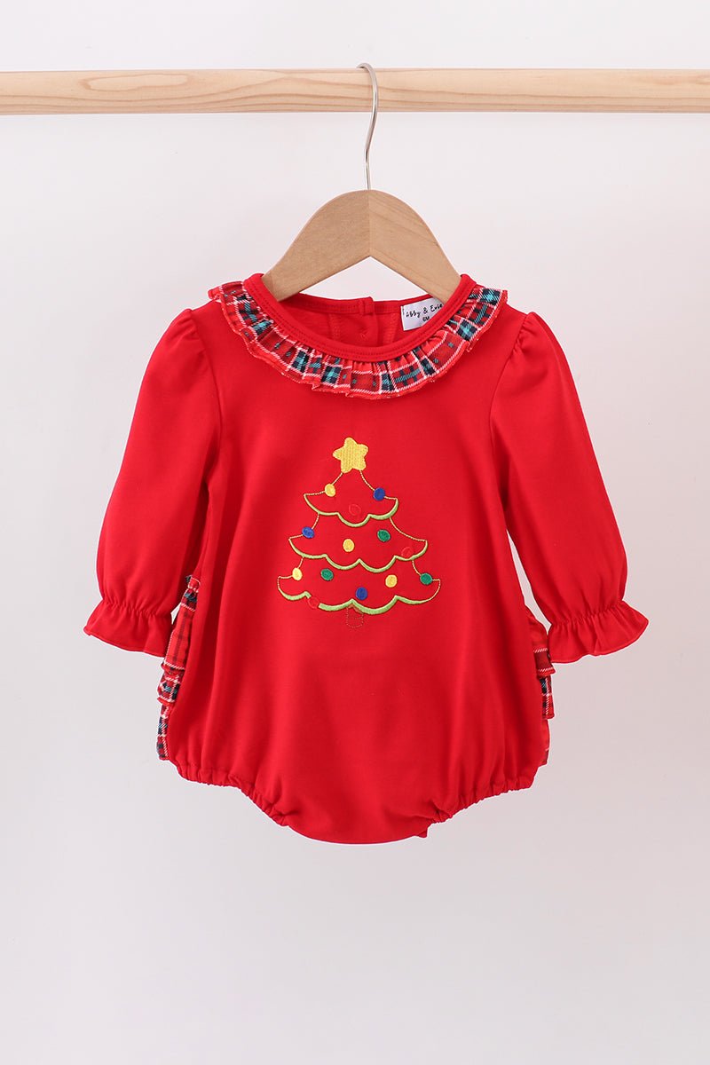 Red Christmas Tree Baby Romper with Plaid Ruffle Trim - Blue Marc