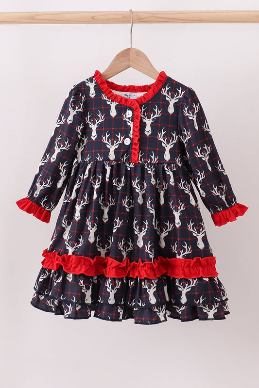 🎄 Reindeer Ruffle Magic – Holiday Dress That Twirls Into Hearts - Blue Marc