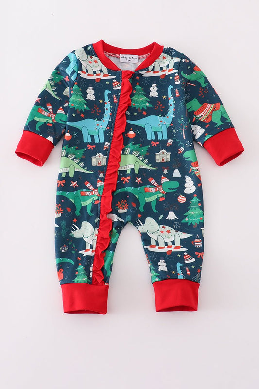 🦕 Roar Into Cozy: Holiday Dino Baby Girl Romper - Blue Marc