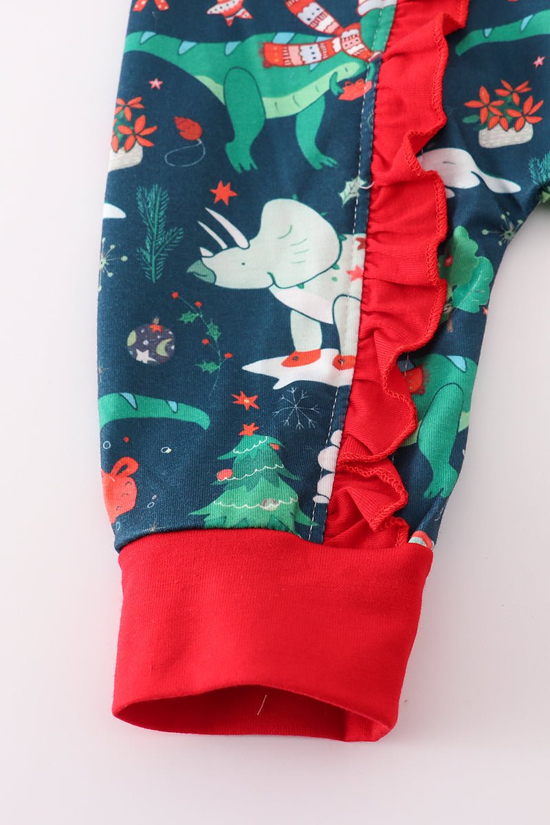 🦕 Roar Into Cozy: Holiday Dino Baby Girl Romper - Blue Marc