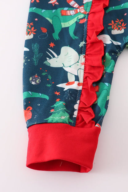 🦕 Roar Into Cozy: Holiday Dino Baby Girl Romper - Blue Marc