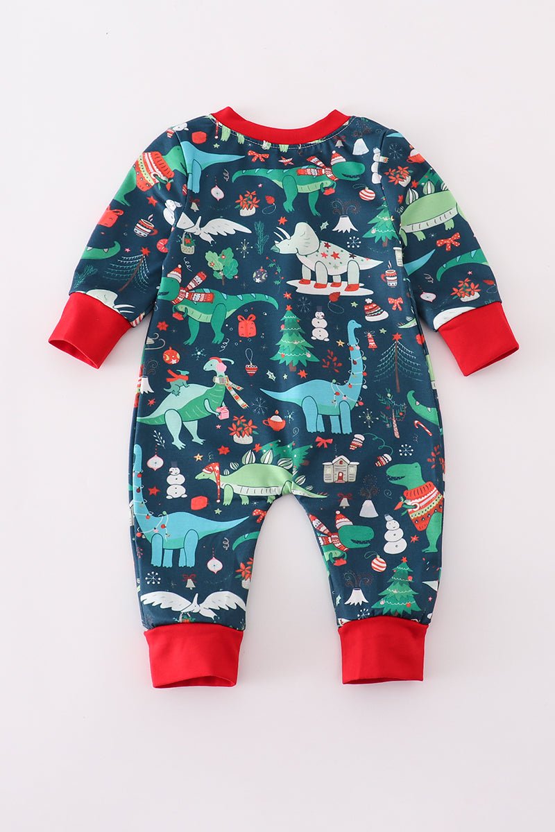 🦕 Roar Into Cozy: Holiday Dino Baby Girl Romper - Blue Marc