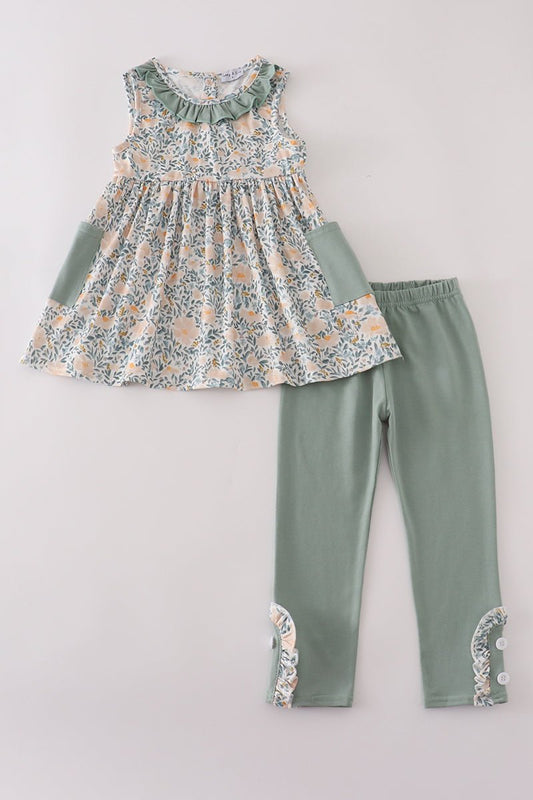 Sage Blossom Girls Tunic & Legging Set – Fall Floral Outfit - Blue Marc