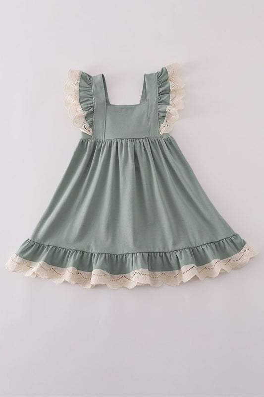 Sage Green Girls Ruffle Dress with Ivory Lace Trim – Vintage - Inspired Elegance - Blue Marc