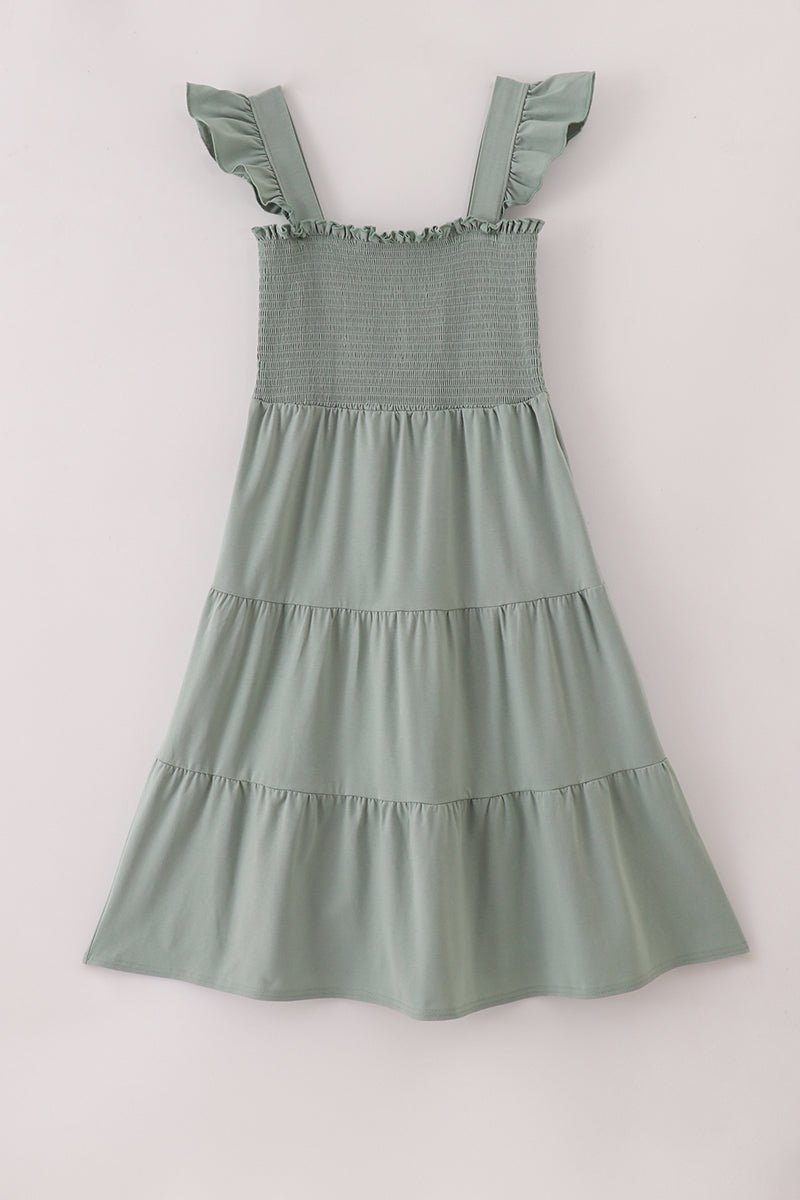 Sage Green Mommy Dress with Smocked Bodice & Tiered Skirt - Blue Marc