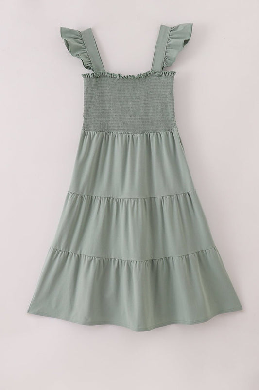 Sage Green Mommy Dress with Smocked Bodice & Tiered Skirt - Blue Marc