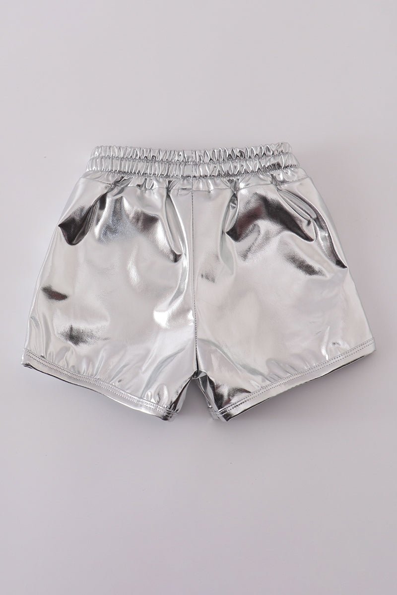 Silver Spark Shimmer Shorts – Trendy Girls’ Metallic Statement Bottoms - Blue Marc