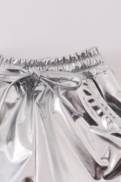 Silver Spark Shimmer Shorts – Trendy Girls’ Metallic Statement Bottoms - Blue Marc