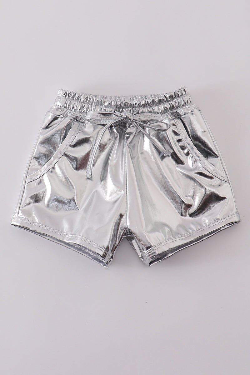 Silver Spark Shimmer Shorts – Trendy Girls’ Metallic Statement Bottoms - Blue Marc