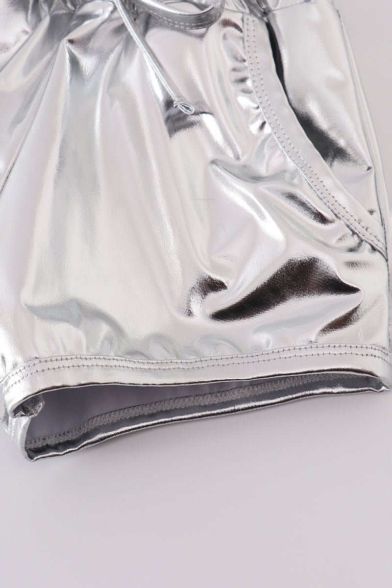 Silver Spark Shimmer Shorts – Trendy Girls’ Metallic Statement Bottoms - Blue Marc