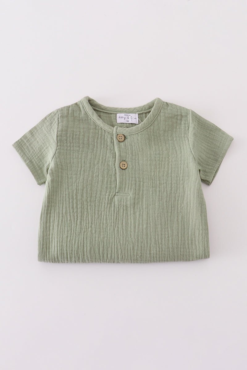 Soft Olive Green Baby Boy Short Sleeve Romper - Blue Marc