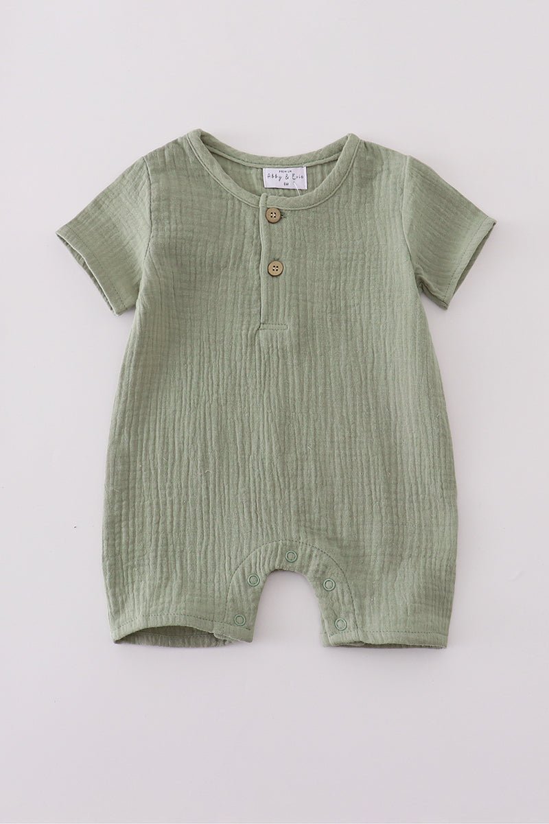 Soft Olive Green Baby Boy Short Sleeve Romper - Blue Marc