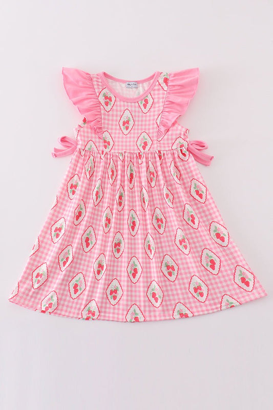 Sweet Strawberry Gingham Ruffle Dress - Blue Marc