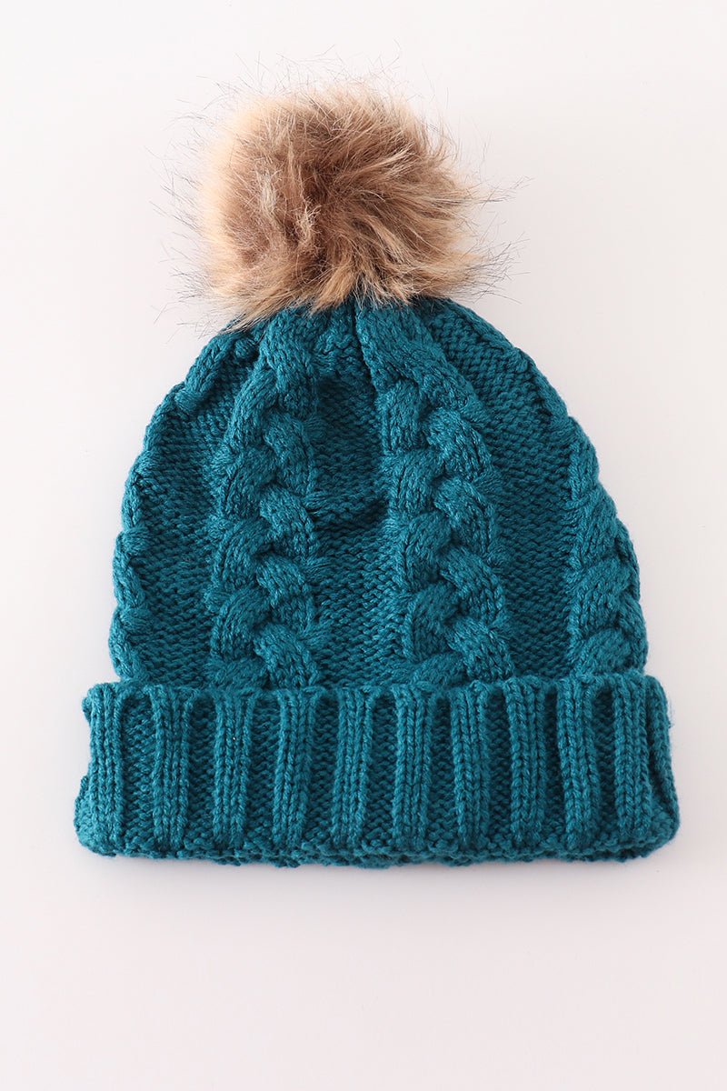 Teal Cable Knit Beanies with Faux Fur Pom – Winter Warmth for Baby, Kids, and Adults - Blue Marc