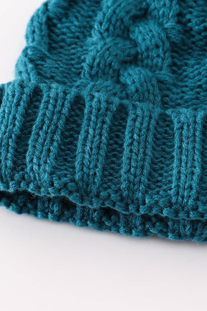 Teal Cable Knit Beanies with Faux Fur Pom – Winter Warmth for Baby, Kids, and Adults - Blue Marc