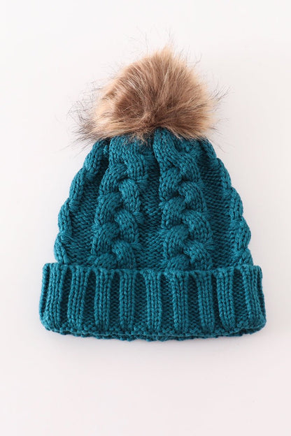 Teal Cable Knit Beanies with Faux Fur Pom – Winter Warmth for Baby, Kids, and Adults - Blue Marc