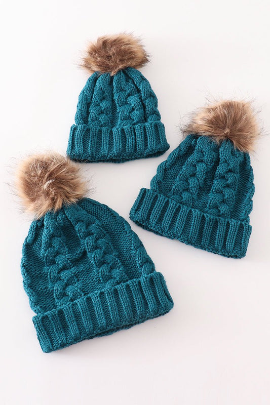 Teal Cable Knit Beanies with Faux Fur Pom – Winter Warmth for Baby, Kids, and Adults - Blue Marc