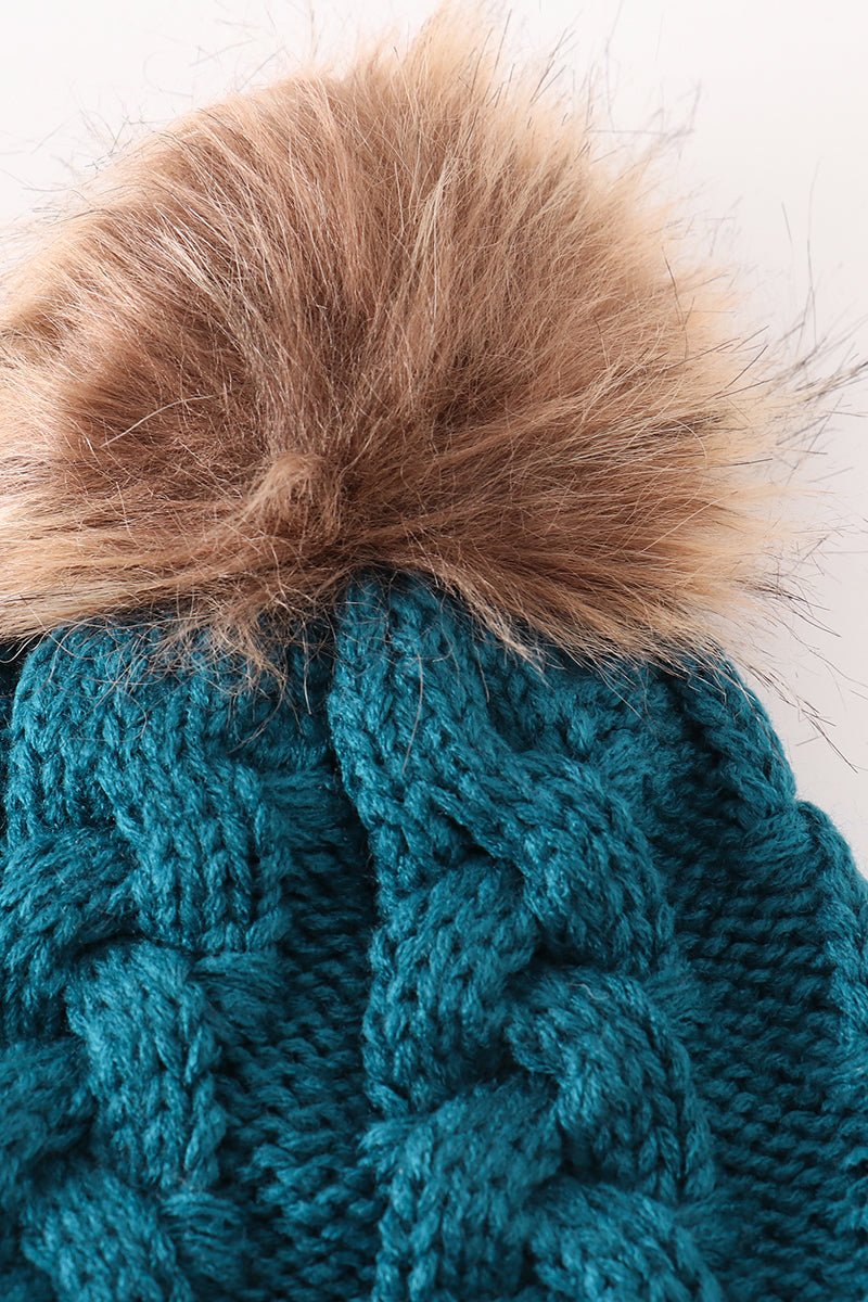 Teal Cable Knit Beanies with Faux Fur Pom – Winter Warmth for Baby, Kids, and Adults - Blue Marc