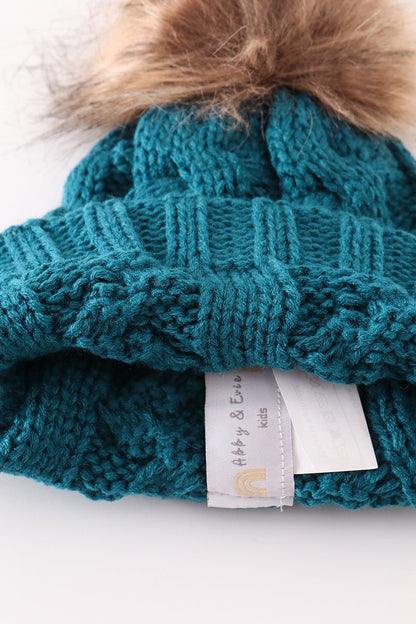 Teal Cable Knit Beanies with Faux Fur Pom – Winter Warmth for Baby, Kids, and Adults - Blue Marc