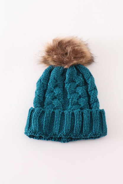 Teal Cable Knit Beanies with Faux Fur Pom – Winter Warmth for Baby, Kids, and Adults - Blue Marc