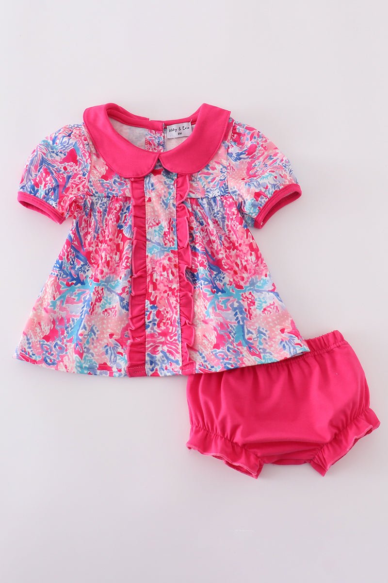 Tropical Bloom Baby Girl Set – Floral Top with Peter Pan Collar & Matching Bloomers - Blue Marc