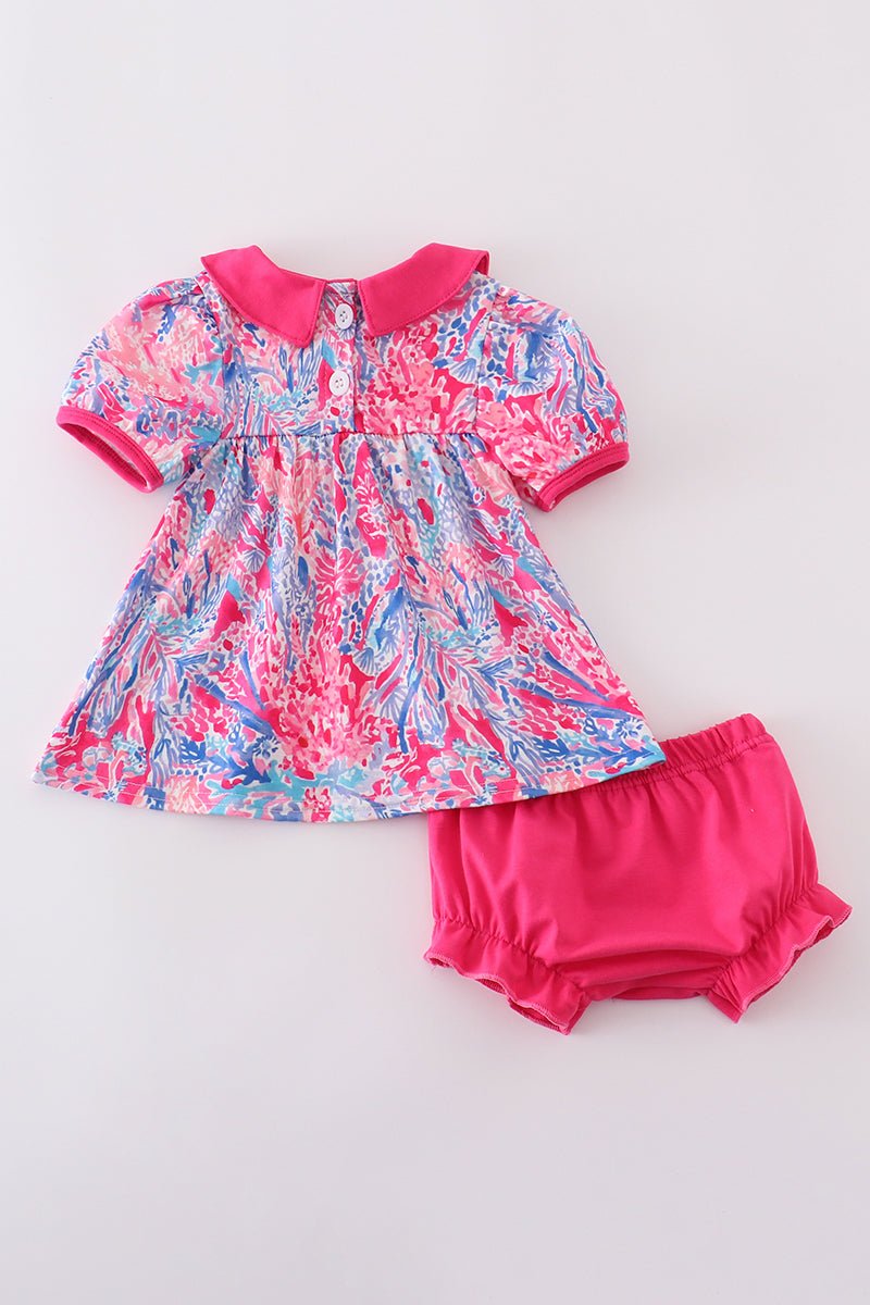 Tropical Bloom Baby Girl Set – Floral Top with Peter Pan Collar & Matching Bloomers - Blue Marc