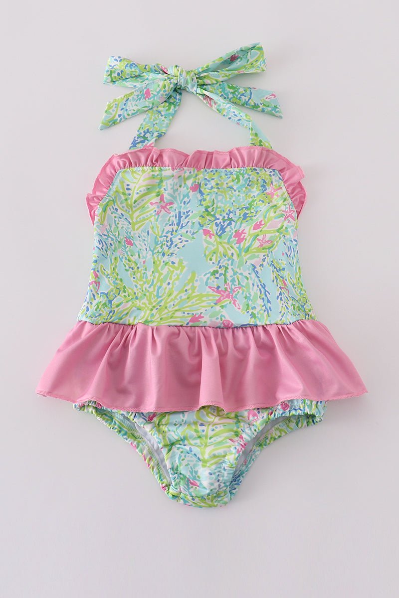 ☀️ Tropical Floral Girls’ Swimsuit with Pink Ruffle Skirt - Blue Marc