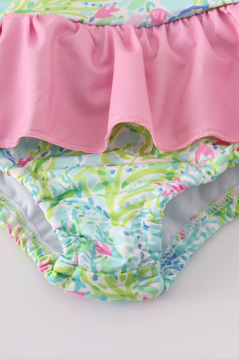 ☀️ Tropical Floral Girls’ Swimsuit with Pink Ruffle Skirt - Blue Marc