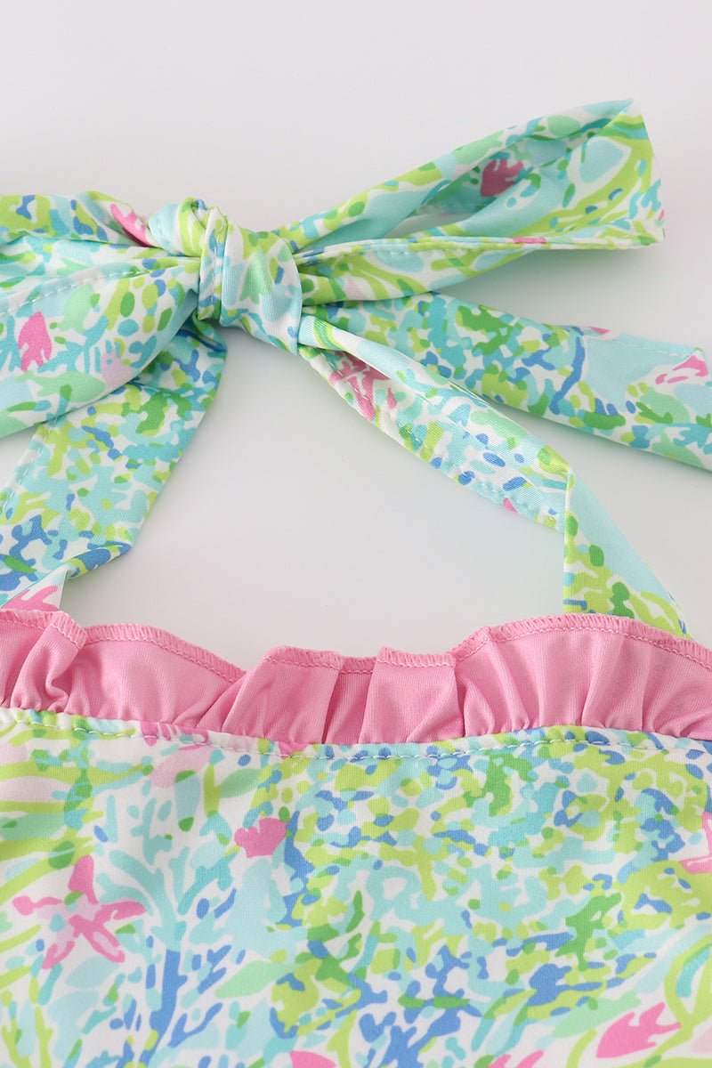 ☀️ Tropical Floral Girls’ Swimsuit with Pink Ruffle Skirt - Blue Marc