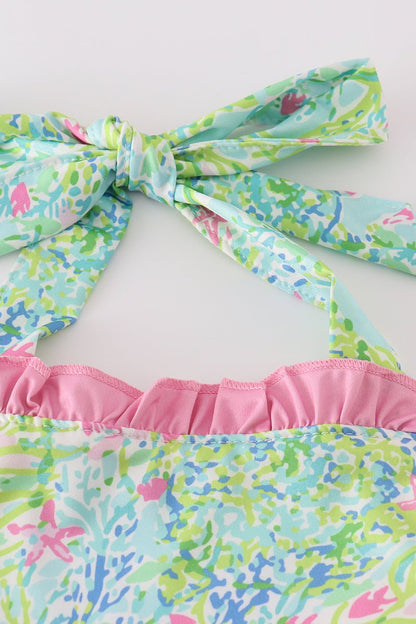 ☀️ Tropical Floral Girls’ Swimsuit with Pink Ruffle Skirt - Blue Marc