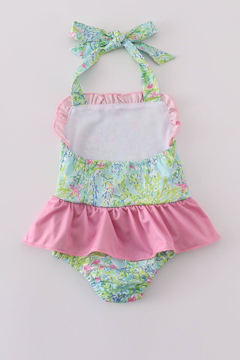 ☀️ Tropical Floral Girls’ Swimsuit with Pink Ruffle Skirt - Blue Marc