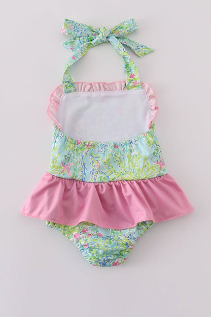 ☀️ Tropical Floral Girls’ Swimsuit with Pink Ruffle Skirt - Blue Marc
