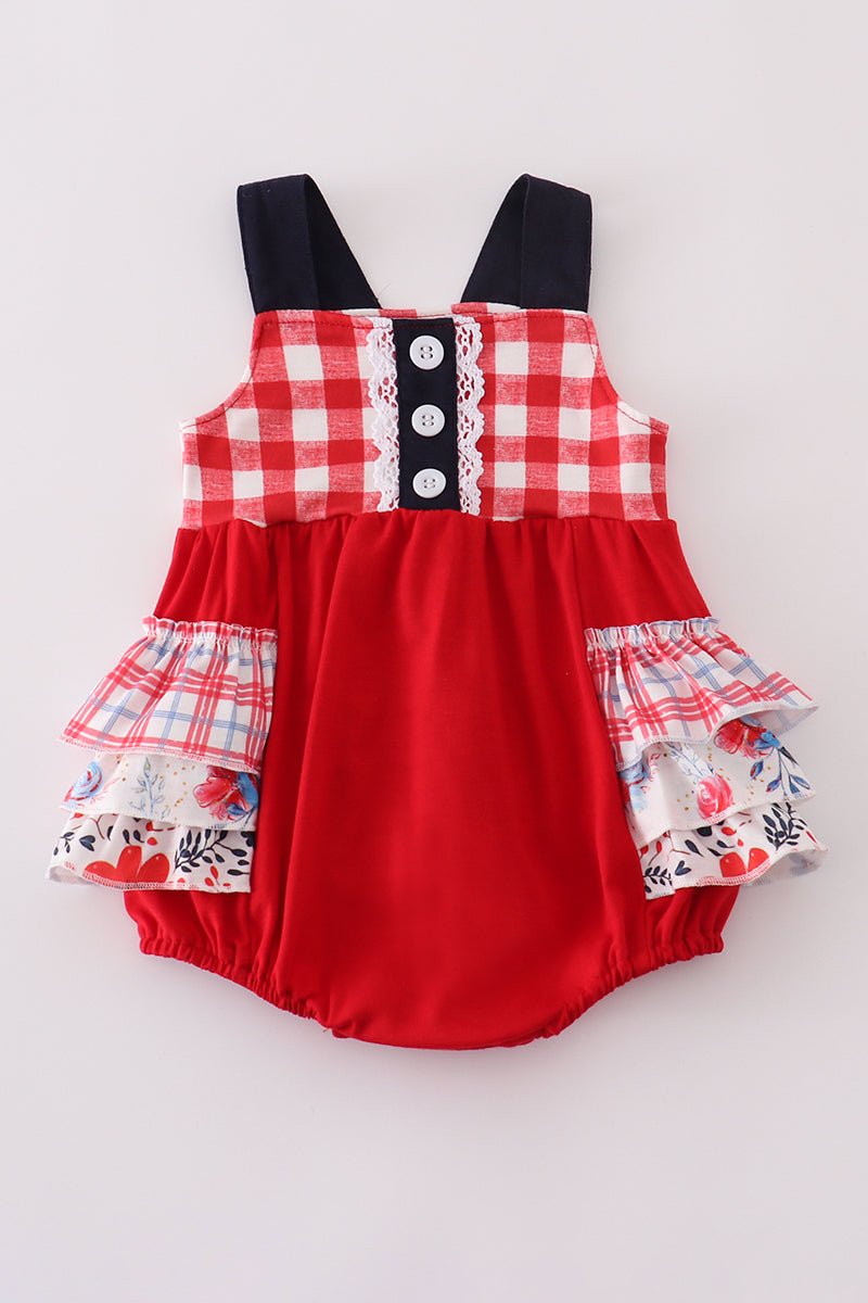 Vintage Gingham Baby Girl Romper – Ruffle One - Piece with Button & Patchwork Detail - Blue Marc