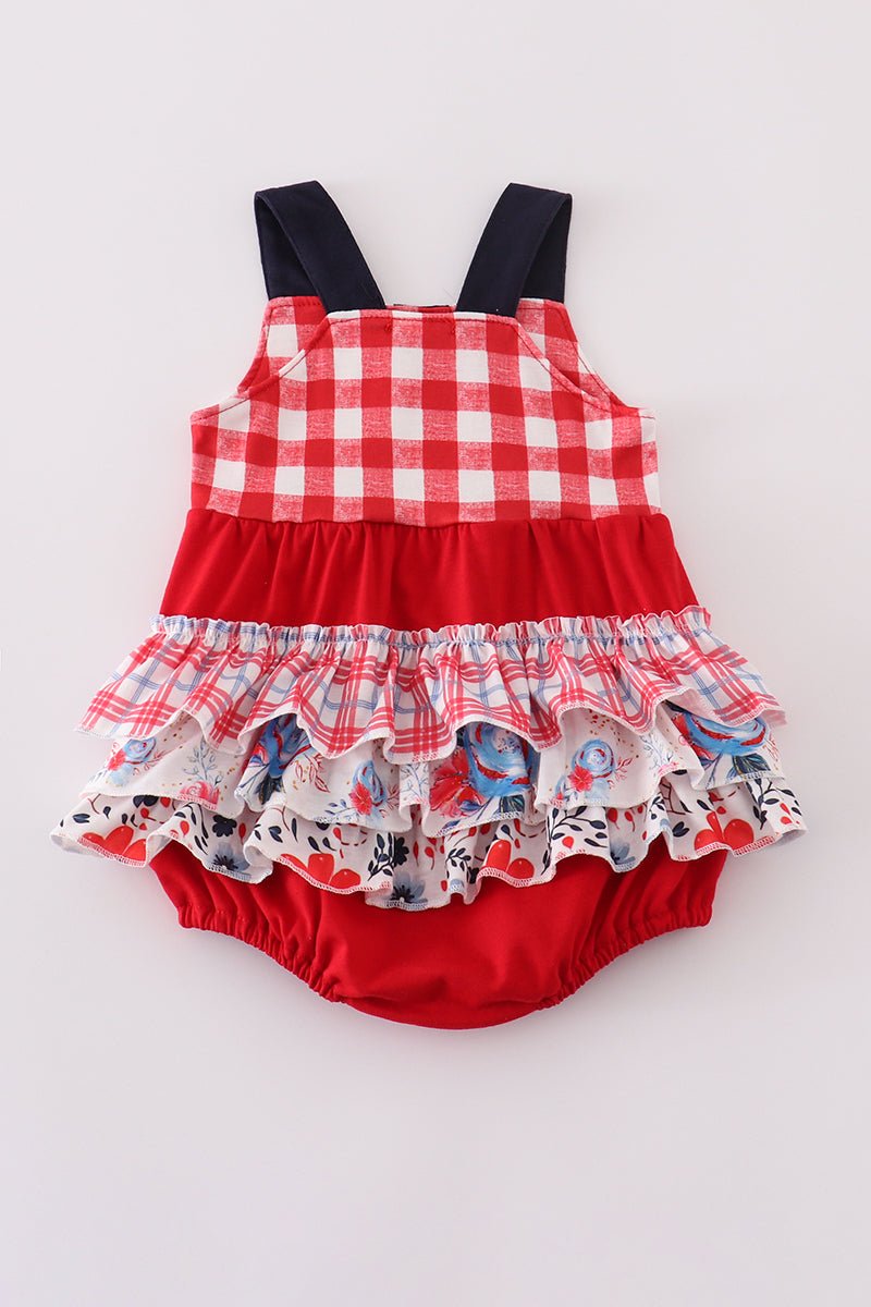 Vintage Gingham Baby Girl Romper – Ruffle One - Piece with Button & Patchwork Detail - Blue Marc