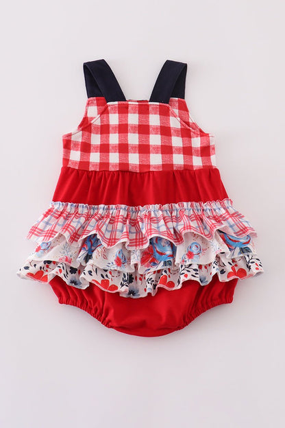 Vintage Gingham Baby Girl Romper – Ruffle One - Piece with Button & Patchwork Detail - Blue Marc