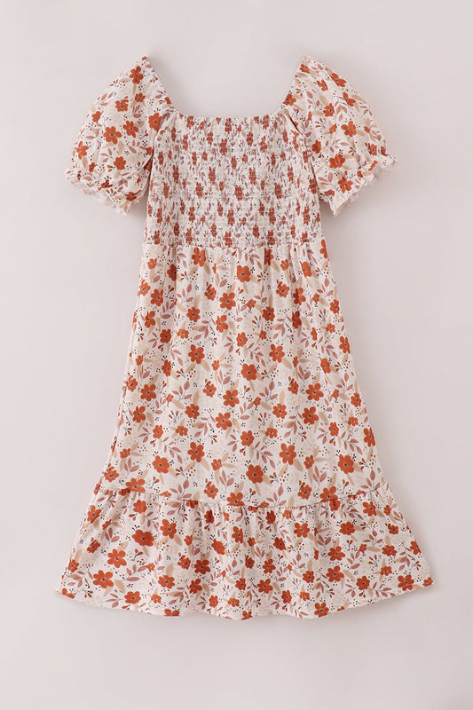 Women's Fall Floral Dress – Rust Puff Sleeve Midi Dress - Blue Marc