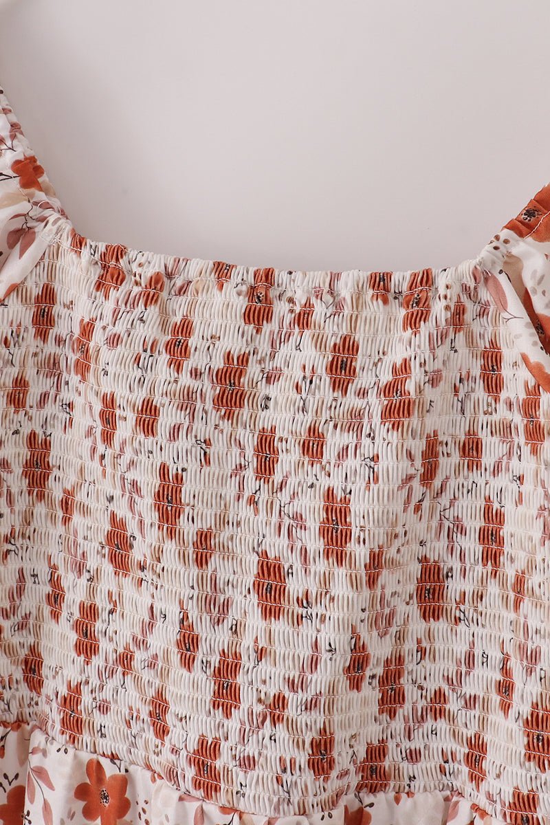 Women's Fall Floral Dress – Rust Puff Sleeve Midi Dress - Blue Marc