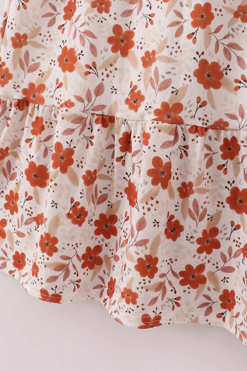 Women's Fall Floral Dress – Rust Puff Sleeve Midi Dress - Blue Marc