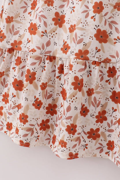 Women's Fall Floral Dress – Rust Puff Sleeve Midi Dress - Blue Marc