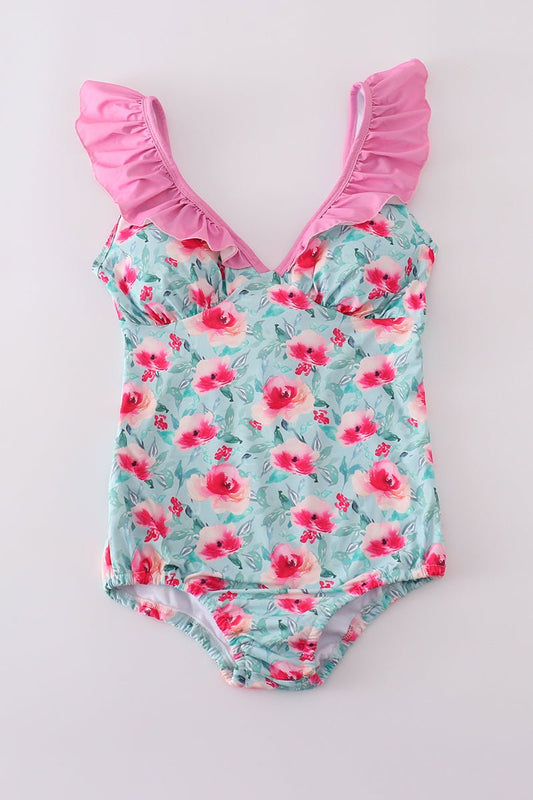 👙 Women’s One - Piece Floral Swimsuit with Ruffle Straps – Flattering Fit & Summer Ready - Blue Marc
