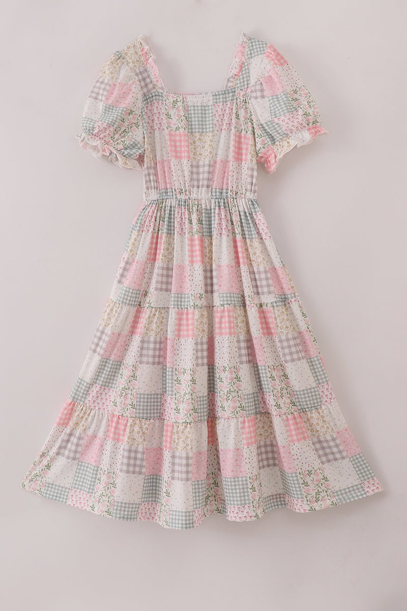 Women's Pastel Patchwork Puff Sleeve Midi Dress - Blue Marc
