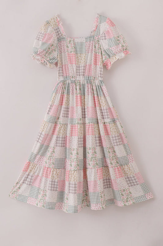 Women's Pastel Patchwork Puff Sleeve Midi Dress - Blue Marc