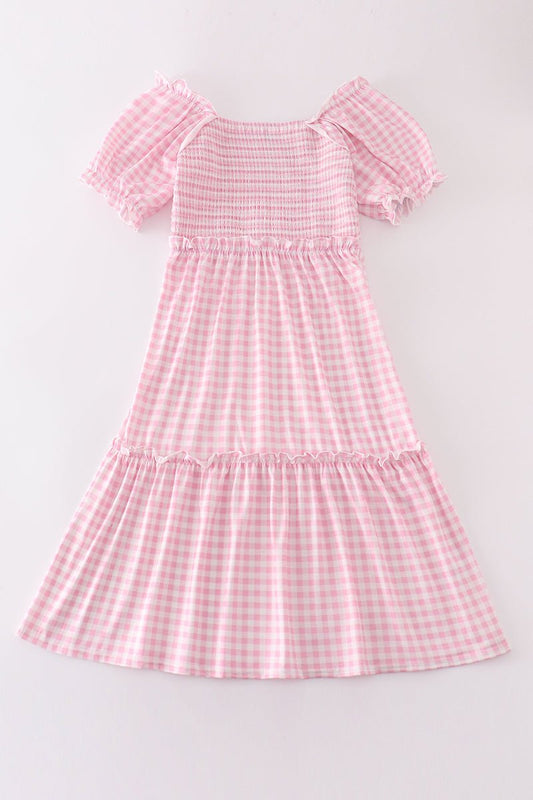 Women's Pink Gingham Smocked Maxi Dress – Puff Sleeve Mommy Glam Look - Blue Marc